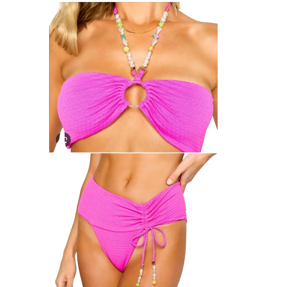 Beach Bunny Keel Dragonfruit Pink Bikini Set Beaded Halter High Waist Swimsuit M